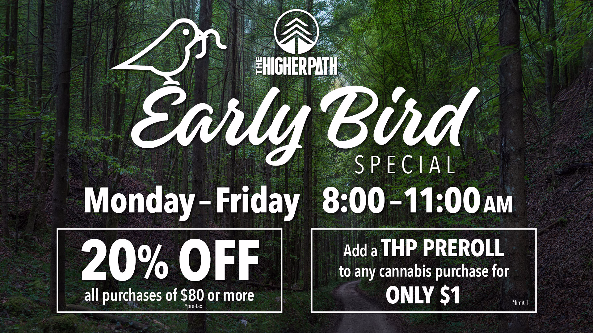 Early Bird Special at The Higher Path with 20 percent off mornings.