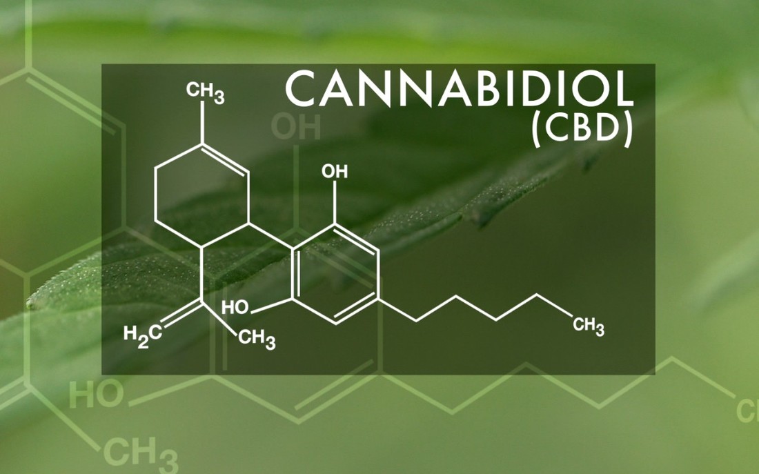 Graphic showing the chemical structure of cannabidiol (CBD) over a close-up green cannabis leaf background.