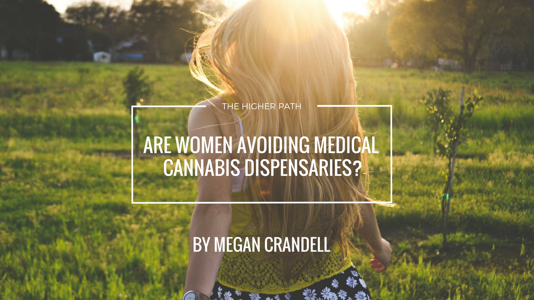 Promotional image from The Higher Path showing a woman walking through a sunlit green field, overlaid with text reading Are Women Avoiding Medical Cannabis Dispensaries? by Megan Crandell.
