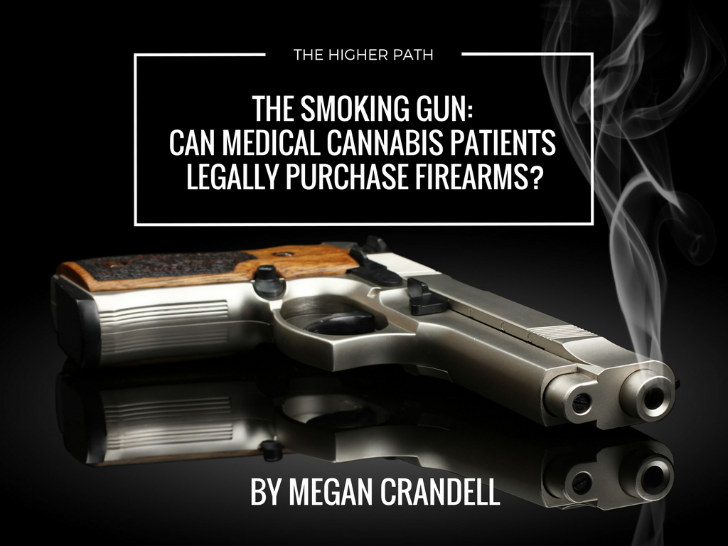 Handgun resting on a reflective surface with smoke in the background and overlaid text discussing whether medical cannabis patients can legally purchase firearms.