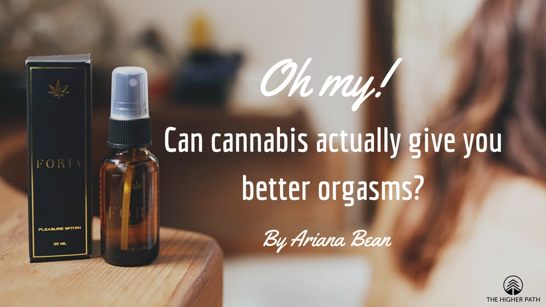Cannabis-infused intimacy spray bottle and packaging on a bedside table with text asking if cannabis can improve orgasms.