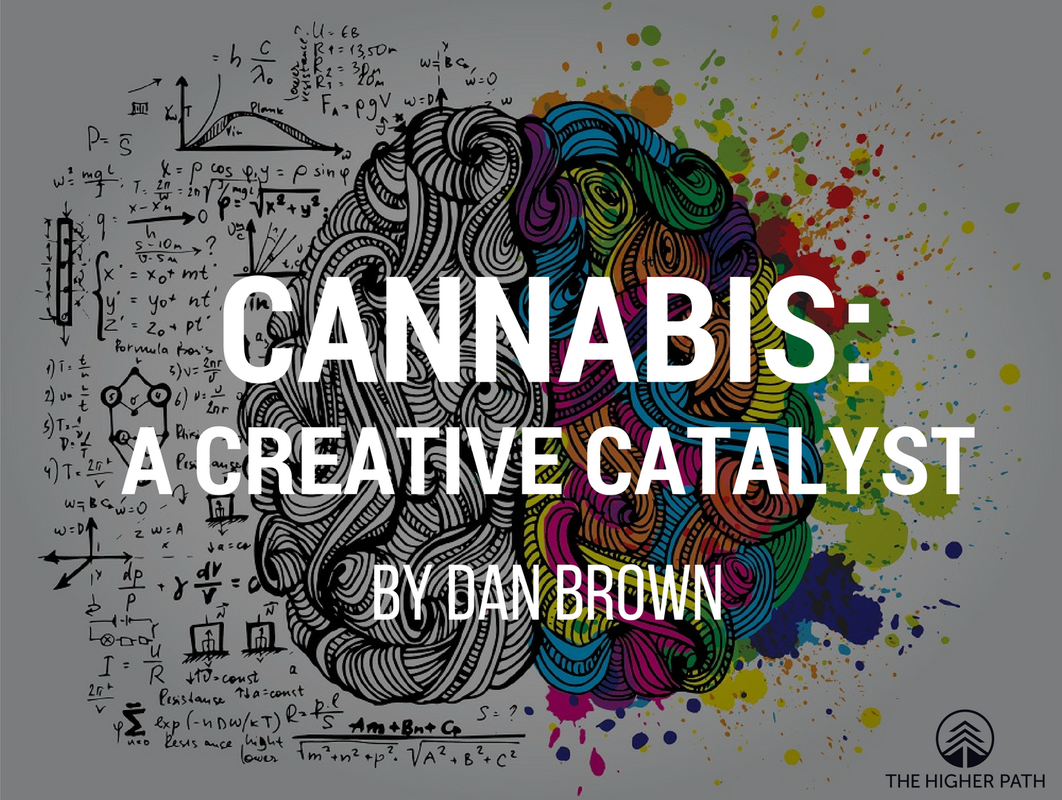 Illustration of a human brain split between black-and-white formulas and colorful abstract art with text reading Cannabis: A Creative Catalyst by Dan Brown.