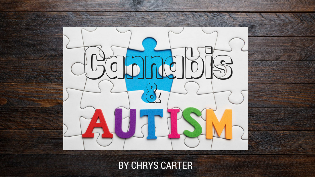 Puzzle pieces forming the words Cannabis & Autism, with colorful letters spelling autism on a wooden background.