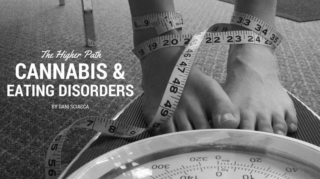 Black-and-white image of feet on a bathroom scale wrapped with a measuring tape, illustrating an article about cannabis and eating disorders.