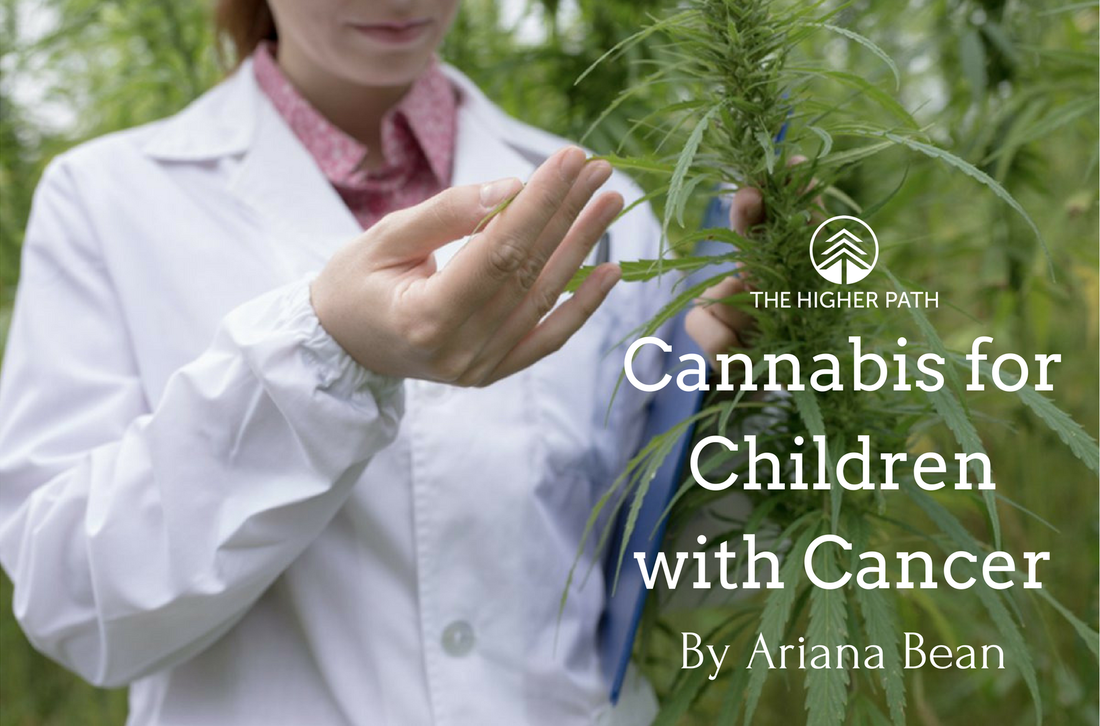 Researcher in a white lab coat examining a cannabis plant, with text reading Cannabis for Children with Cancer by Ariana Bean.