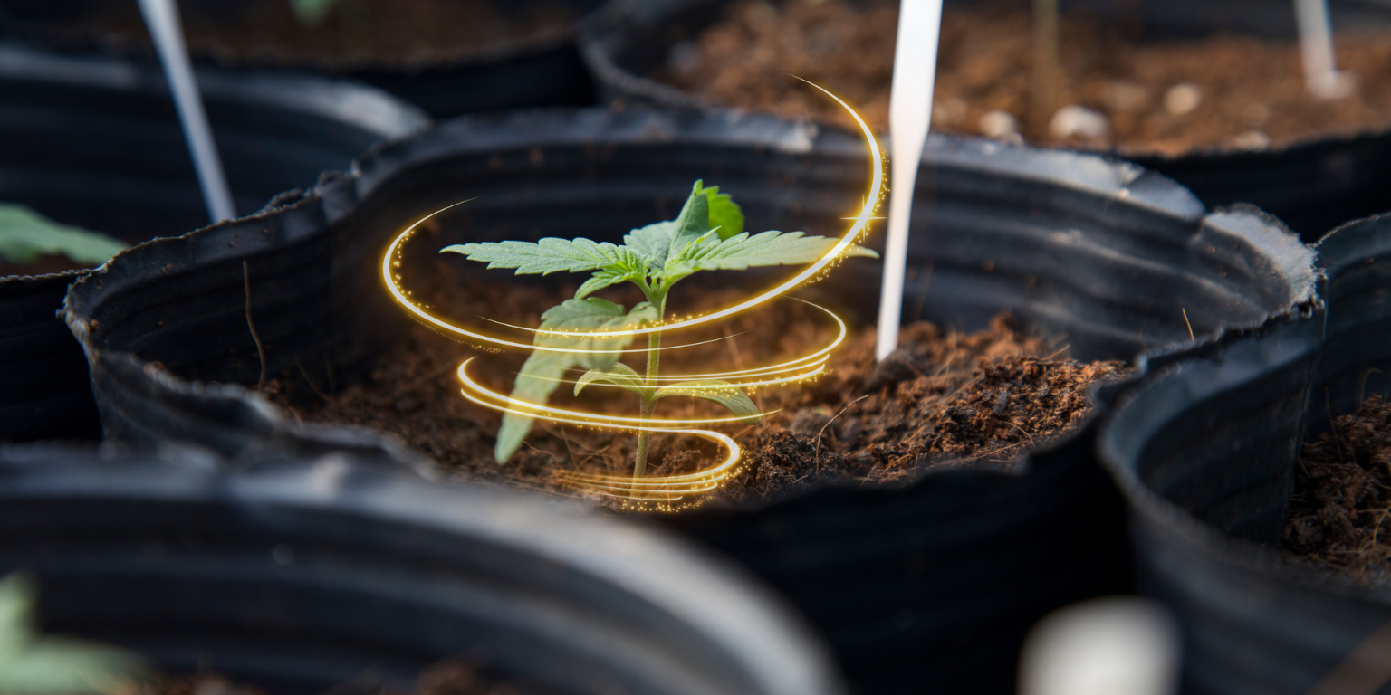 Young cannabis seedling growing in a soil pot, surrounded by a glowing spiral light effect symbolizing growth and cultivation.