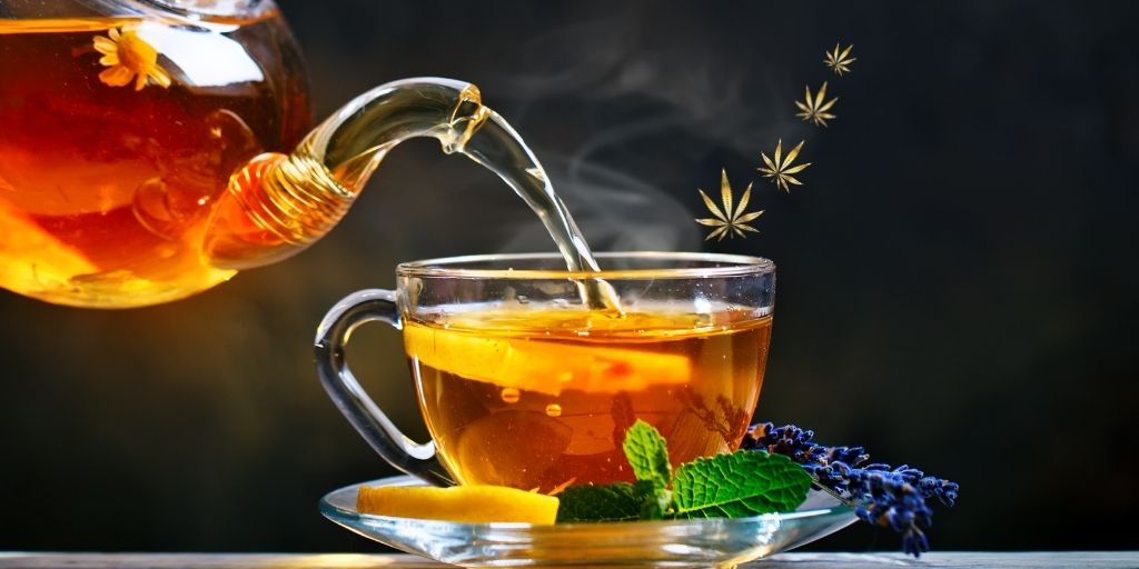 Glass teacup filled with herbal tea as hot tea is poured from a teapot, garnished with mint, lemon, lavender, and subtle cannabis leaf symbols in the background.