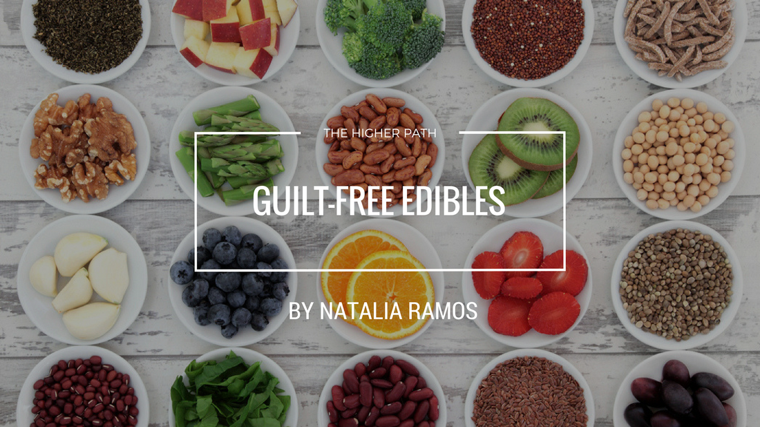 Flat lay of small bowls filled with fruits, vegetables, grains, and legumes arranged in a grid, with text reading Guilt-Free Edibles by Natalia Ramos for The Higher Path.