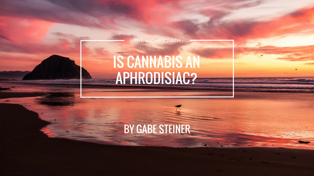 Sunset beach scene with pink and orange sky, ocean waves, and a rocky shoreline overlaid with the text Is Cannabis an Aphrodisiac? by Gabe Steiner from The Higher Path.