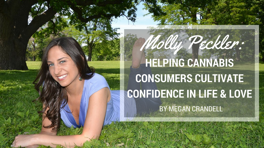 A women smiling while lying in the grass, overlaid with text about helping cannabis consumers.