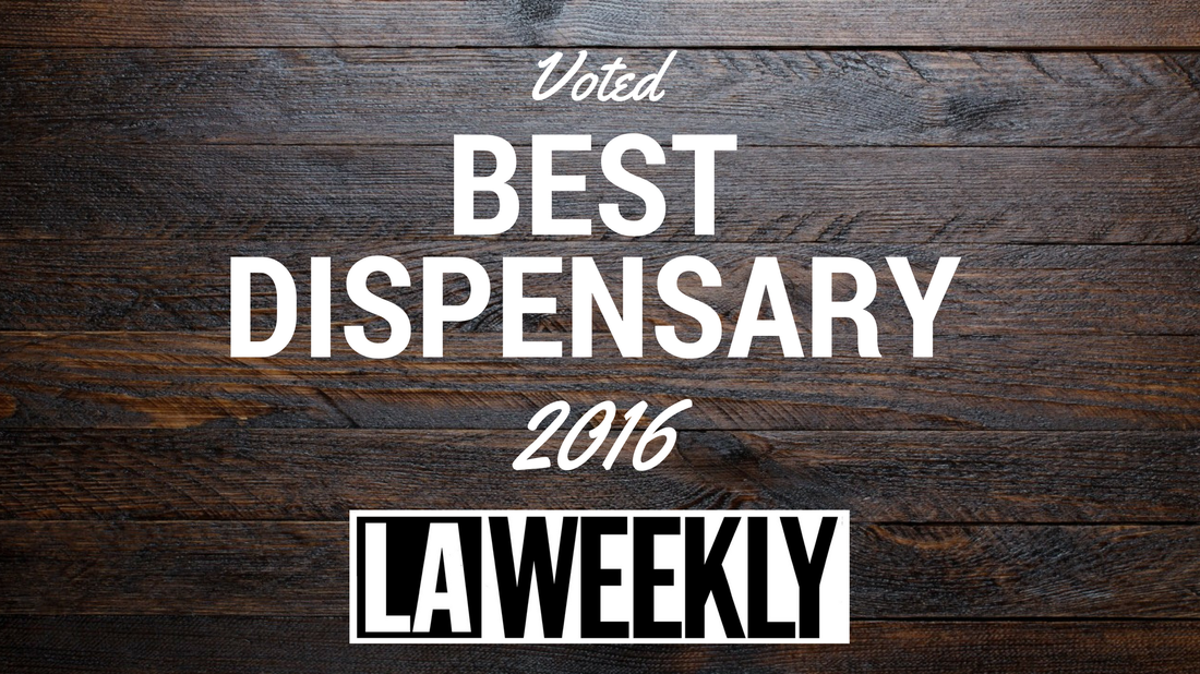Wooden background with overlaid text reading ‘Voted Best Dispensary 2016’ and the LA Weekly logo.