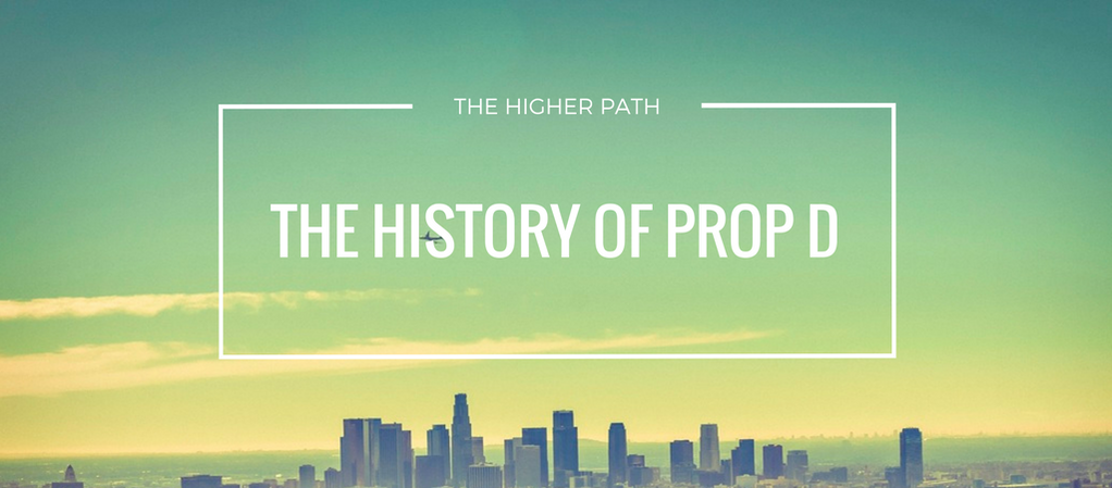 Wide city skyline under a green-to-yellow gradient sky, with overlaid text reading ‘The Higher Path’ and ‘The History of Prop D.’