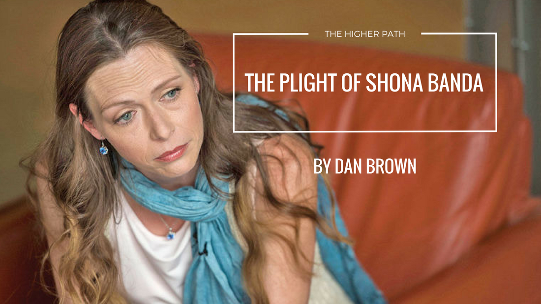 Photo of a woman seated on a couch with a thoughtful expression, wearing a blue scarf, with overlaid text reading ‘The Higher Path,’ ‘The Plight of Shona Banda,’ and ‘By Dan Brown.’