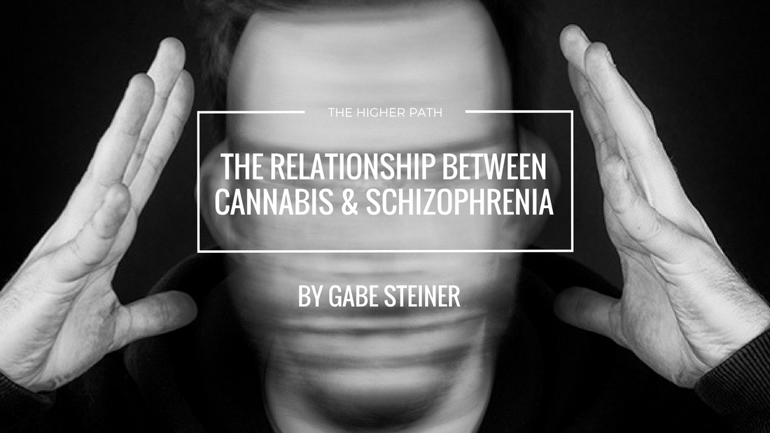 Black-and-white image of a blurred human face with hands raised on either side of the head, overlaid with text reading ‘The Relationship Between Cannabis & Schizophrenia,’ ‘The Higher Path,’ and ‘By Gabe Steiner.’