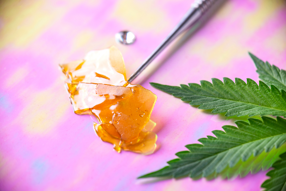 Close-up of amber-colored cannabis concentrate being handled with a metal dab tool, with green cannabis leaves on a pink background.
