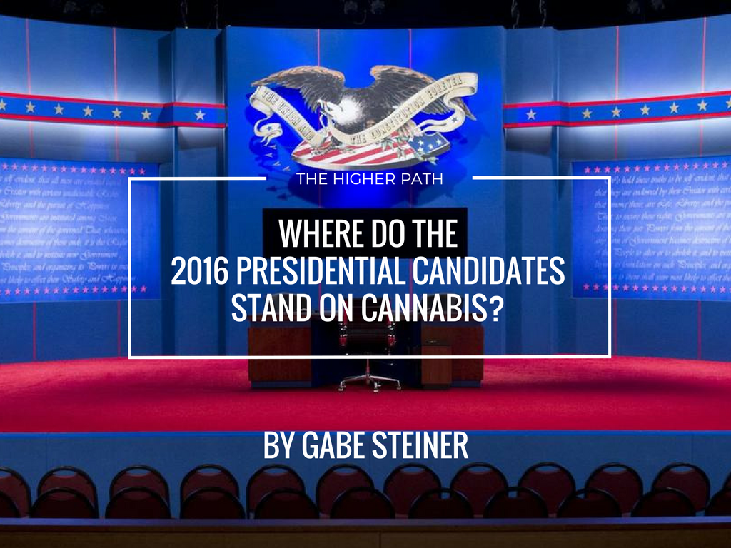 Graphic of an empty U.S. presidential debate stage with a blue backdrop, eagle emblem, and red carpet, overlaid with the text The Higher Path: Where Do the 2016 Presidential Candidates Stand on Cannabis? and By Gabe Steiner.