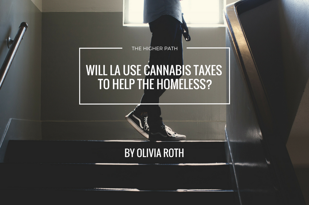 Person walking up a dimly lit stairwell with overlay text reading ‘Will LA use cannabis taxes to help the homeless?’ and ‘By Olivia Roth.’