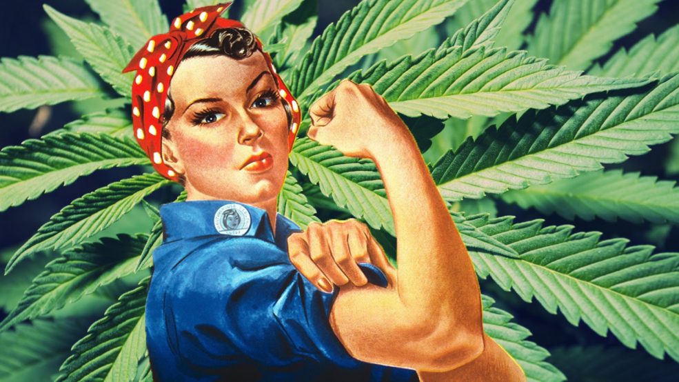 Illustration of a determined woman in a blue work shirt and red polka-dot headscarf flexing her arm in a classic strength pose, set against a background of large green cannabis leaves.