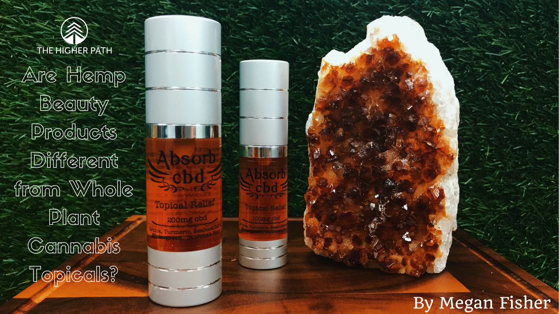 Promotional image for The Higher Path featuring Absorb CBD topical relief bottles beside a crystal stone, with text asking Are Hemp Beauty Products Different from Whole Plant Cannabis Topicals? by Megan Fisher.