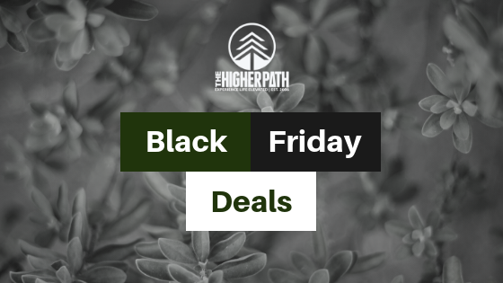 Black Friday Deals promotional graphic from The Higher Path, featuring a cannabis leaf background with bold text reading Black Friday Deals.