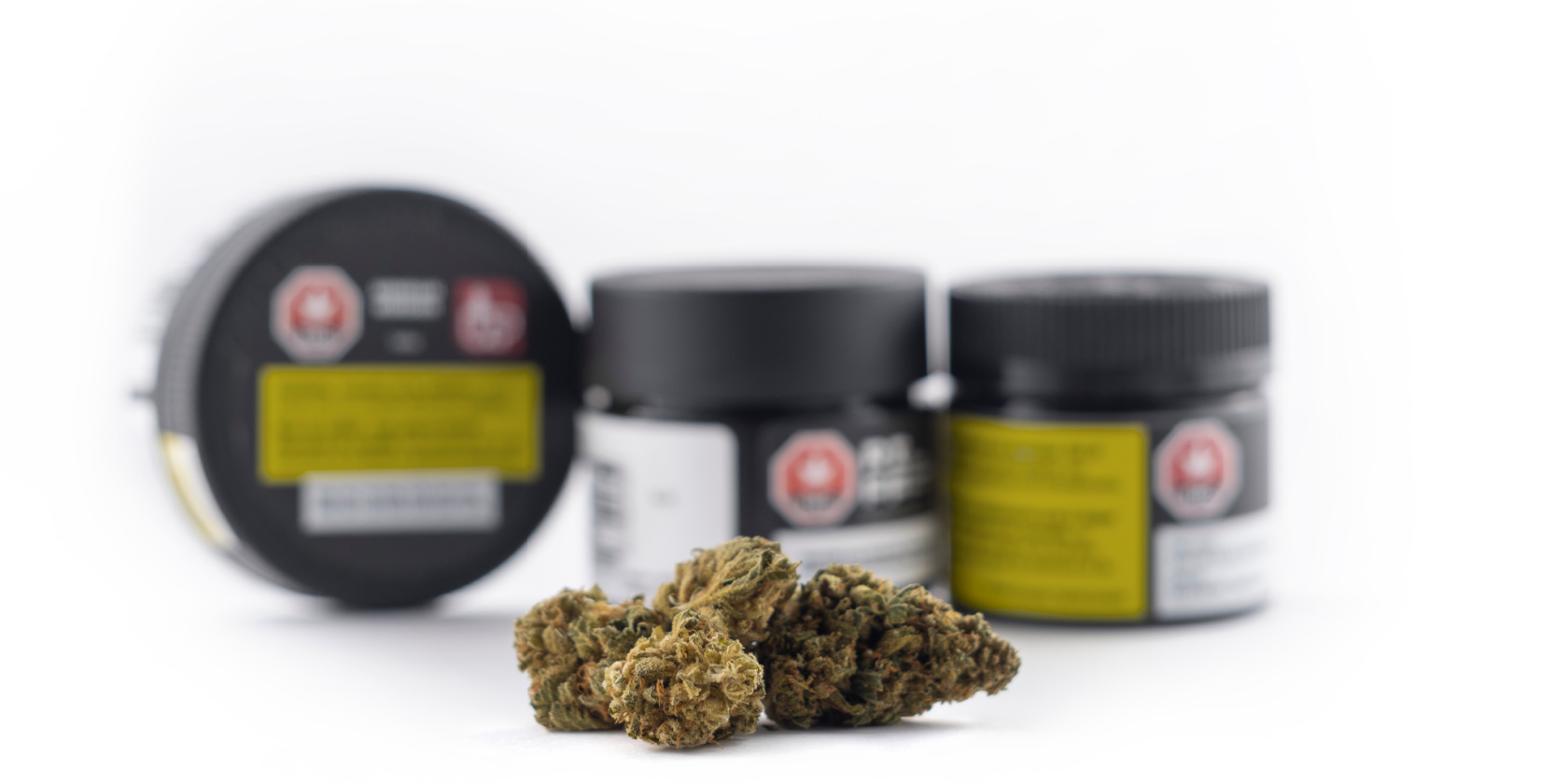 Cannabis buds displayed in front of labeled black dispensary containers on a white background.
