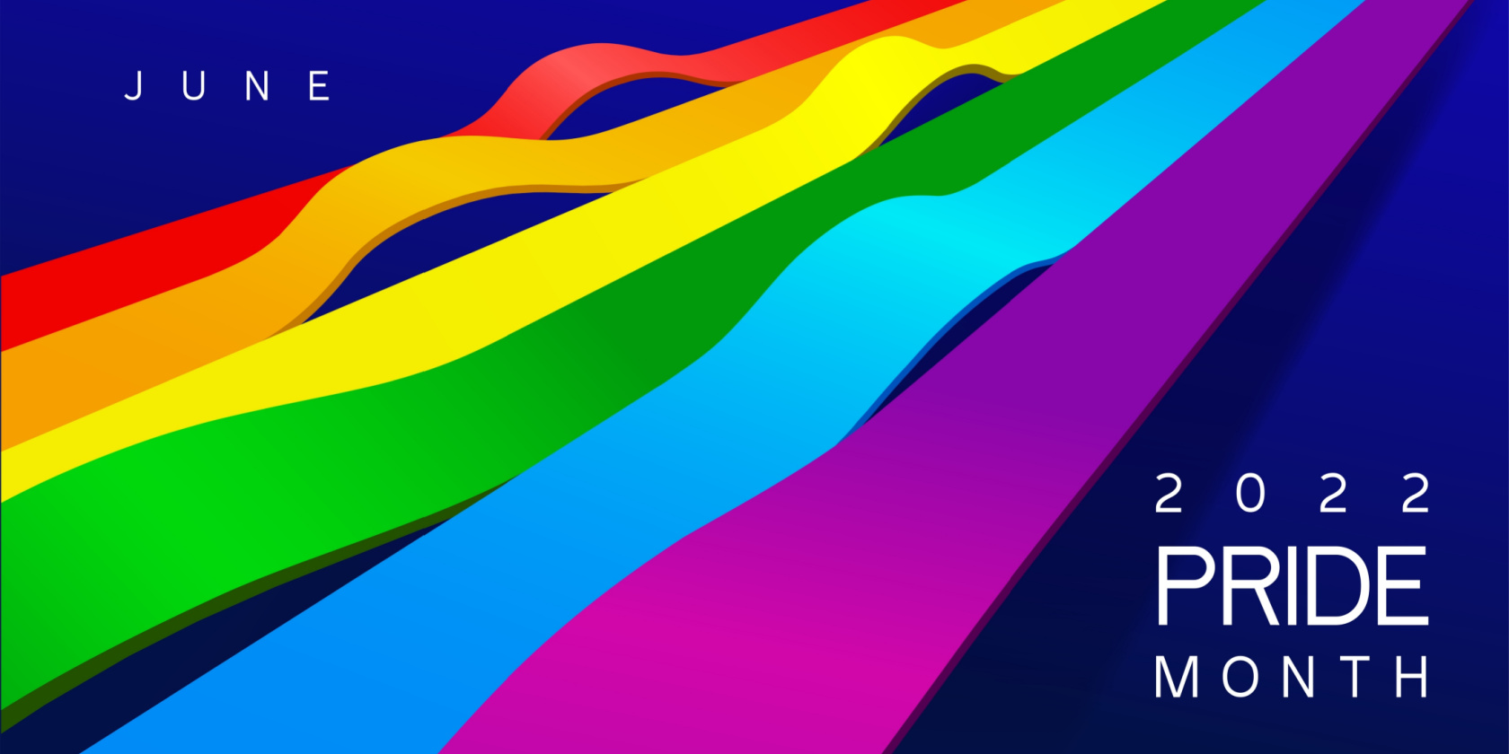 Wavy rainbow ribbons flowing across a dark blue background with the text JUNE 2022 PRIDE MONTH in the corners
