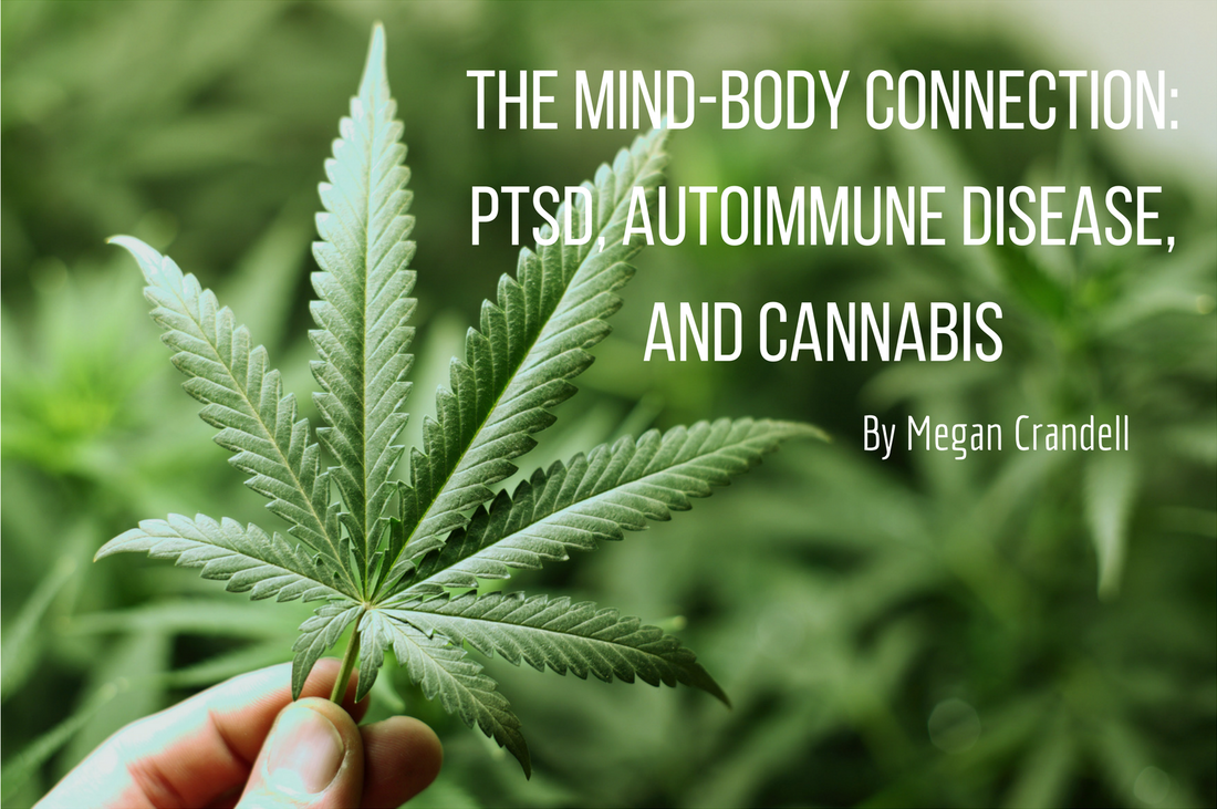 Close-up of a hand holding a green cannabis leaf against a blurred background of plants, with overlaid text reading ‘The Mind-Body Connection: PTSD, Autoimmune Disease, and Cannabis’ and ‘By Megan Crandell.’
