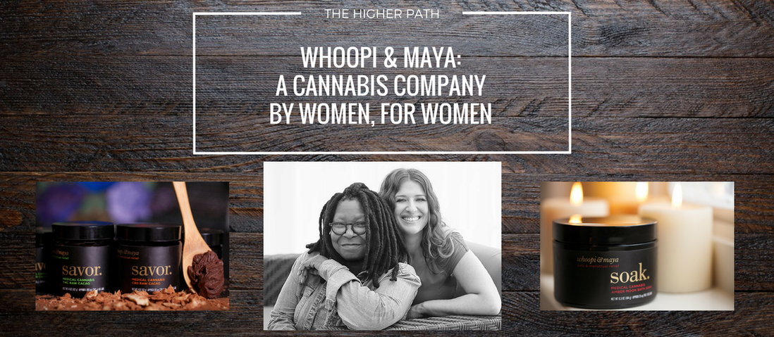 Banner reading ‘Whoopi & Maya: A cannabis company by women, for women’ on a wood background, with images of cannabis-infused chocolate jars, a black-and-white photo of two smiling women, and a lit candle product.
